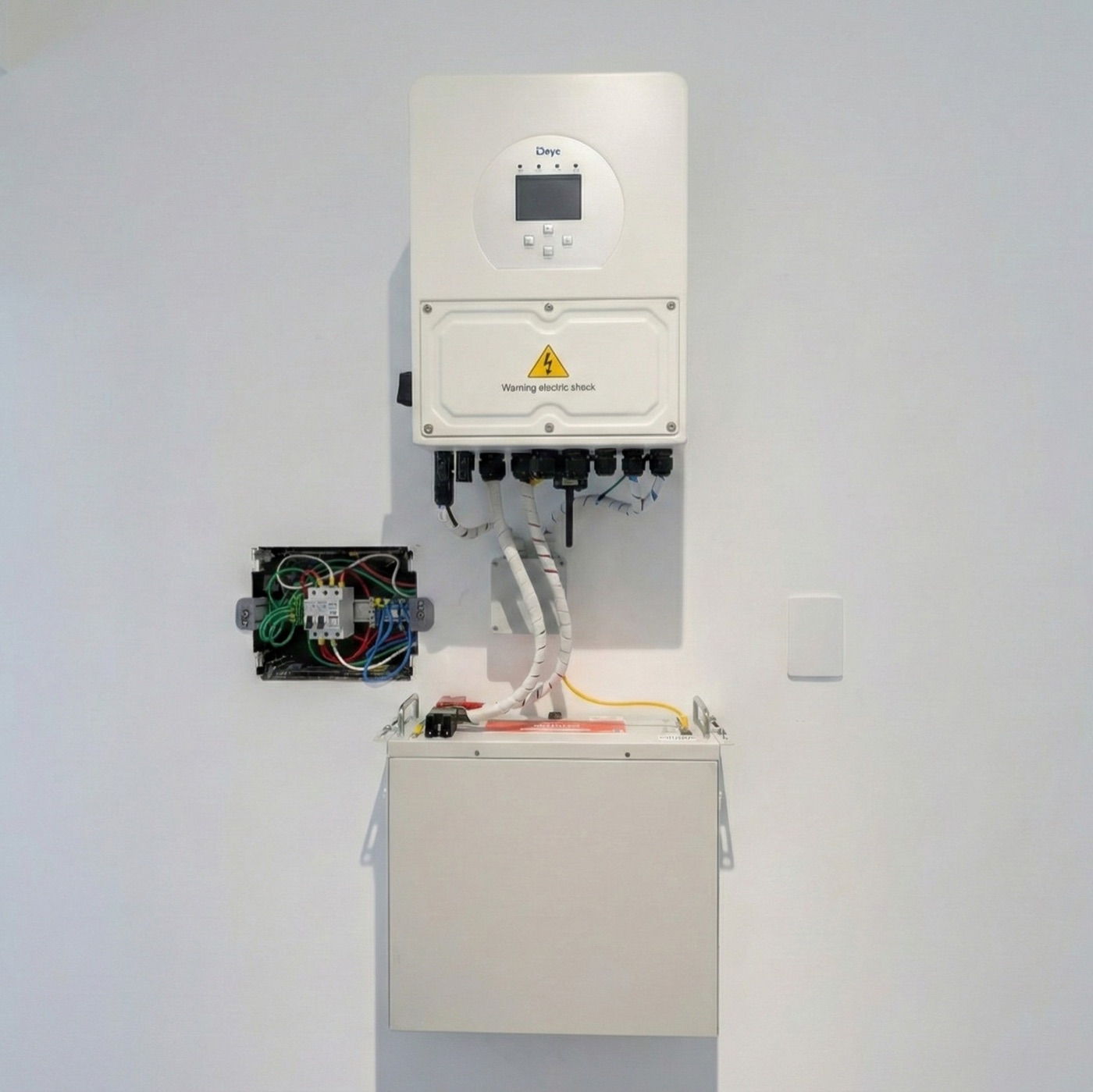 Inversor DEYE com bateria instalado em parede técnica em Araquari